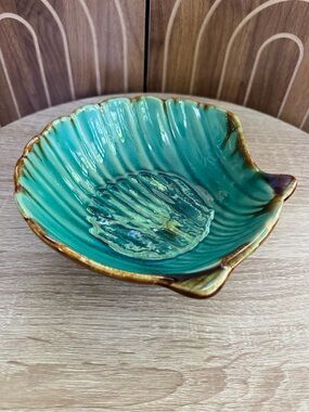 Vintage California Pottery Turquoise Ceramic Teal and Brown Glazed Shell